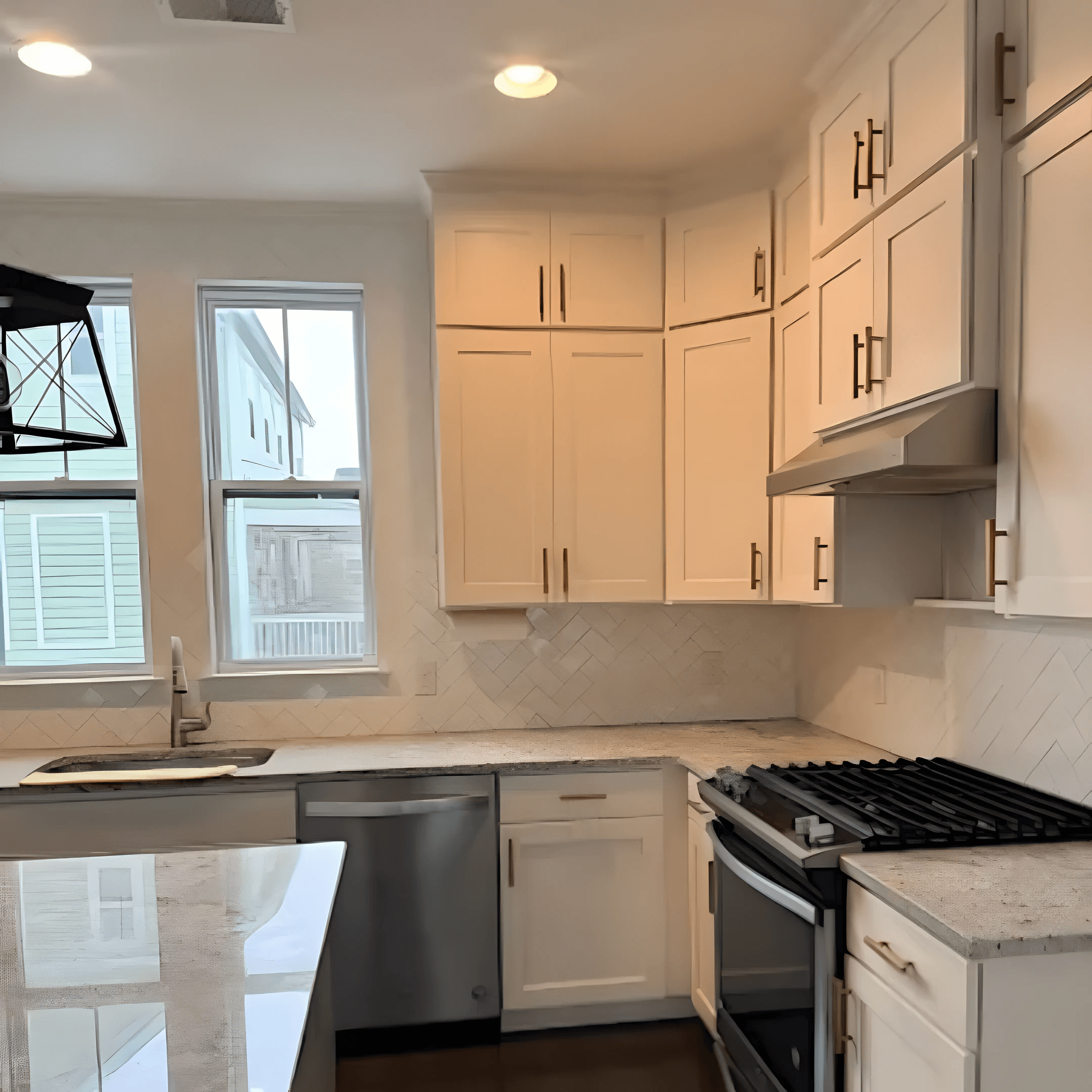 White shaker kitchen with a herringbone backsplash and clear counters, cleaned by Harbor Home Cleaners