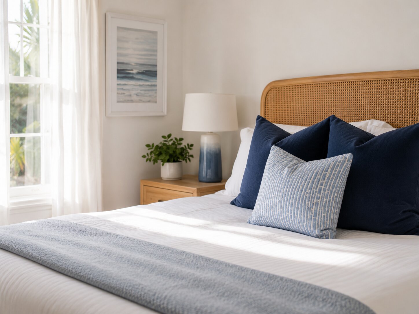 A guest-ready bedroom with crisp white linens, navy and light blue pillows, and a rattan headboard in morning light