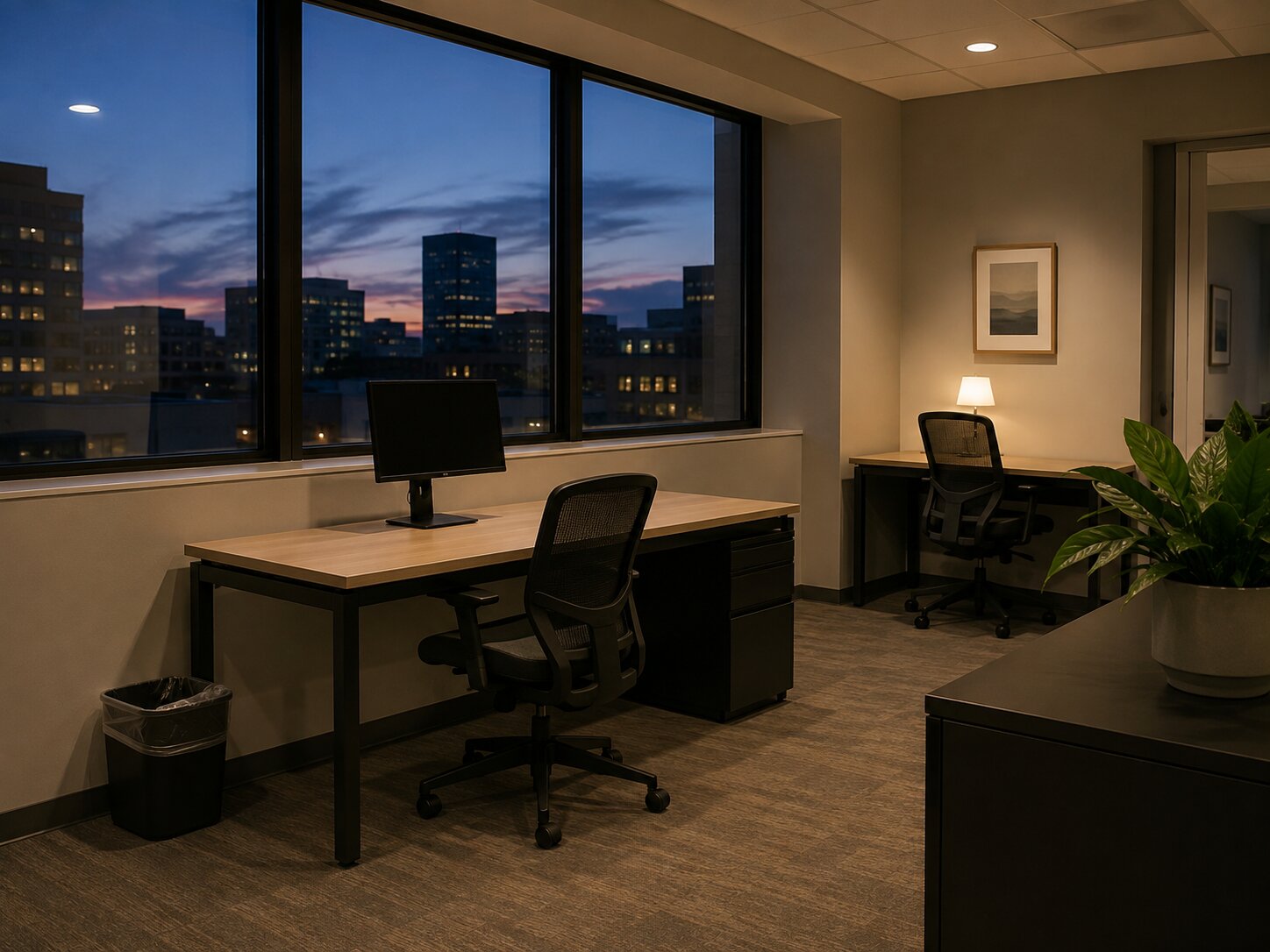 A small office at dusk, cleaned after hours — clear desks, emptied trash, and city lights through the windows