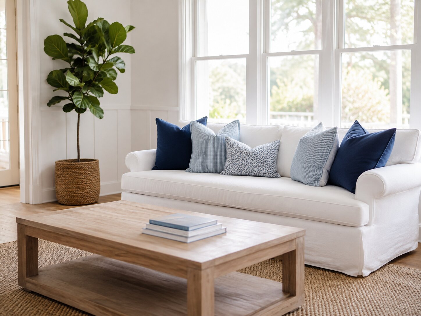 A bright Charleston living room with a white slipcovered sofa, navy and light blue pillows, and a fiddle-leaf fig by the windows