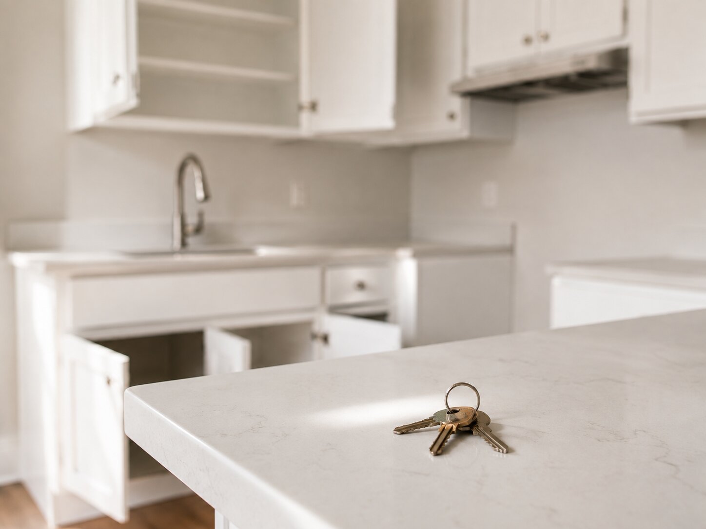 A cleaned-out apartment kitchen with bare countertops, emptied cabinets, and a set of keys left on the counter