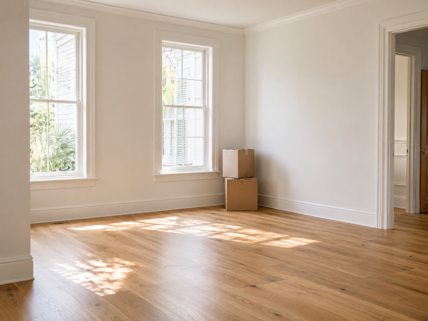 An empty, freshly cleaned room with bare oak floors, tall windows, and two moving boxes stacked in the corner