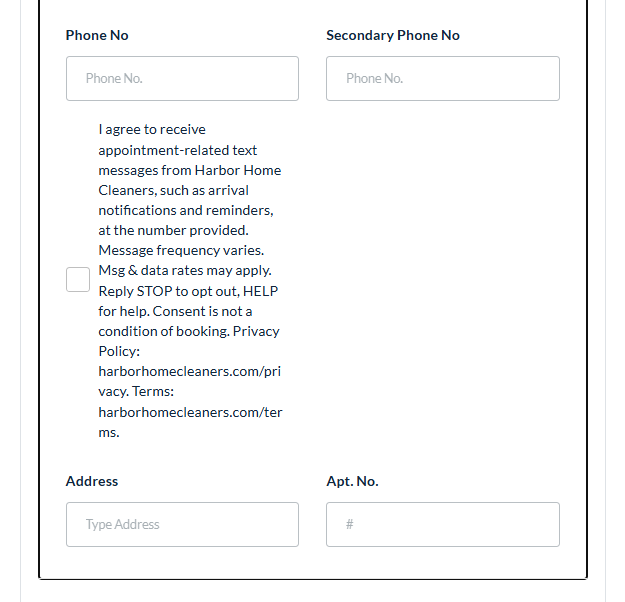 The optional, unchecked SMS consent checkbox below the phone number field in the Customer Details section of the Harbor Home Cleaners booking form